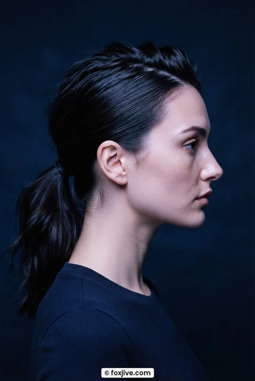 Woman with sleek architectural low ponytail showing deliberate undone texture at the tail in lavender studio light