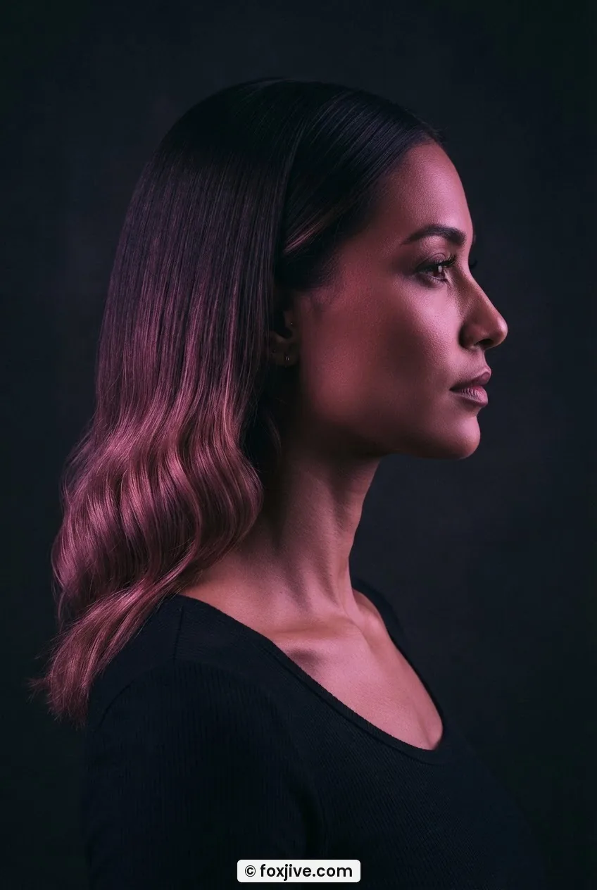 Woman with sleek brunette roots transitioning to defined waves at mid-length in magenta studio light