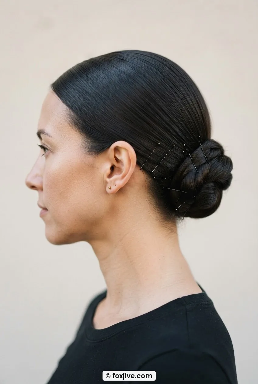Woman in side profile with smooth low nape chignon, coil and cross-hatched pins sharply visible in soft light