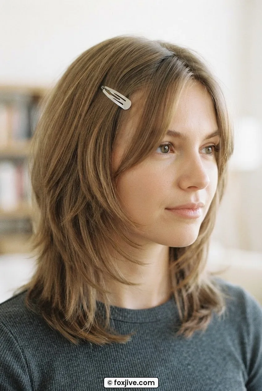 Woman with fine nineties layered cut wearing single snap clip at temple directing curtain bang at precise angle