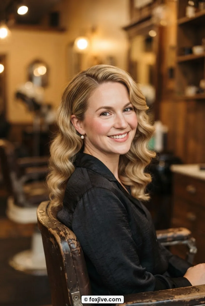 Woman with golden blonde hair in softly blurred 1930s-inspired waves with deep side part in warm salon lighting