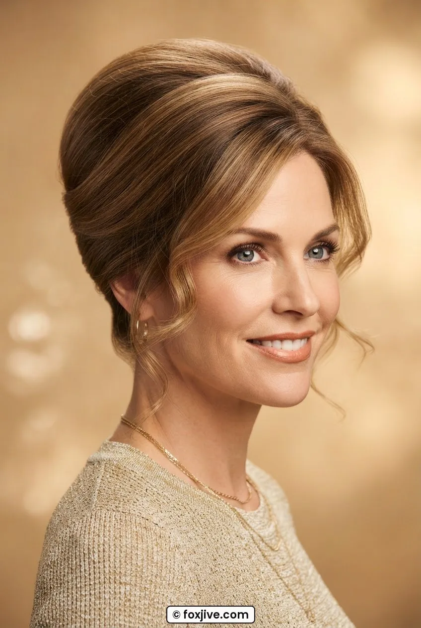 Woman with soft honey-lit bouffant hairstyle at reduced height with wisps at temples in studio