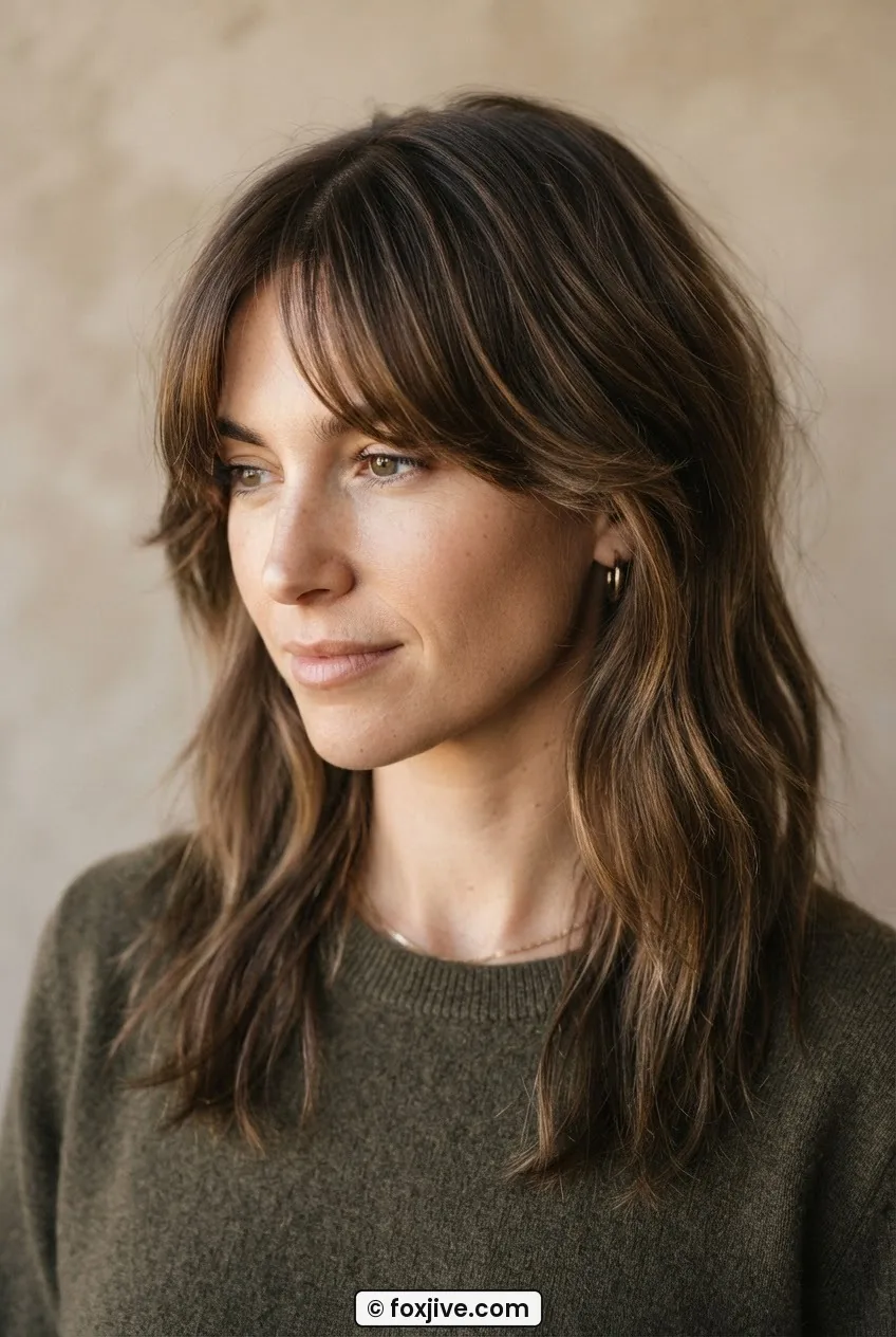 Woman with soft curtain shag and center-parted fringe curving past cheekbones in gentle side lighting