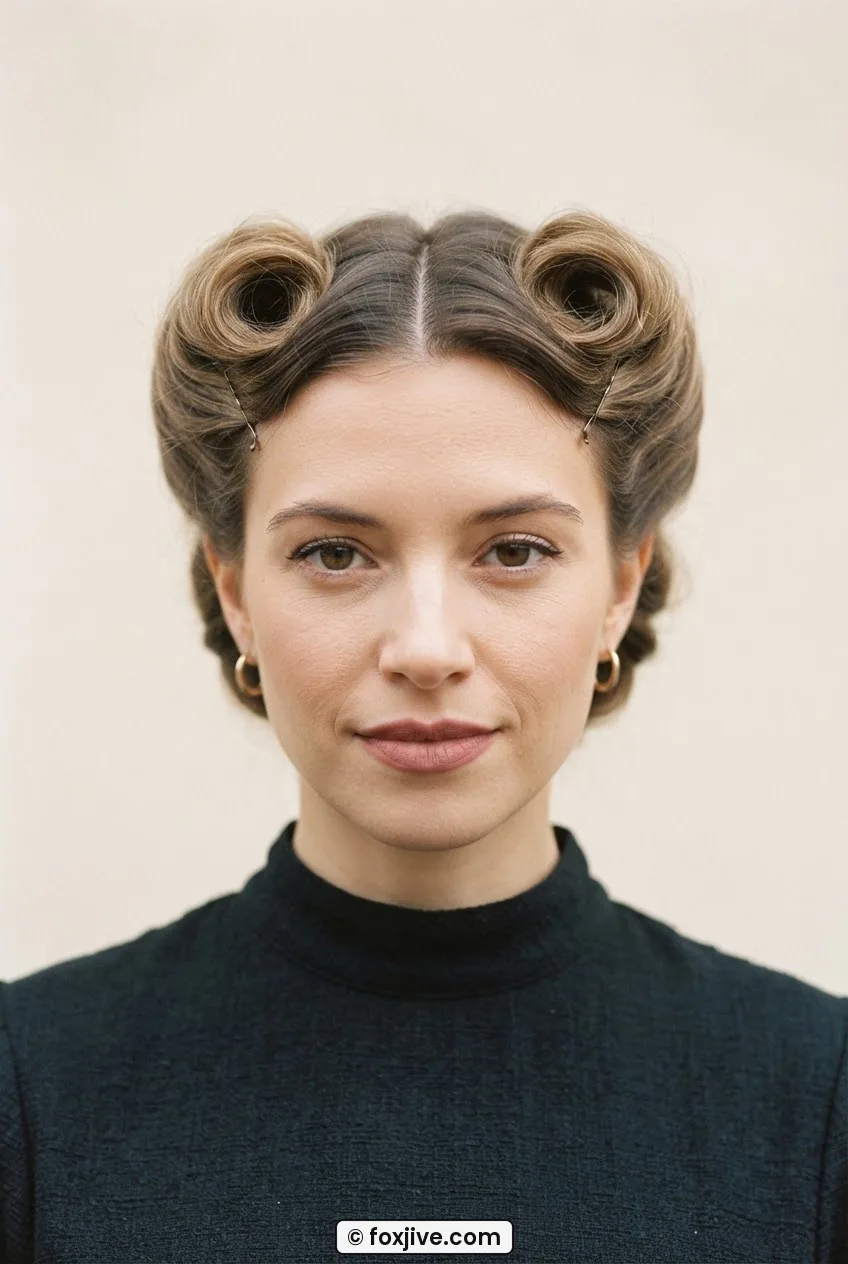 Woman with soft, loose victory rolls framed around her face, each roll pinned with a single bobby pin, warm ivory background