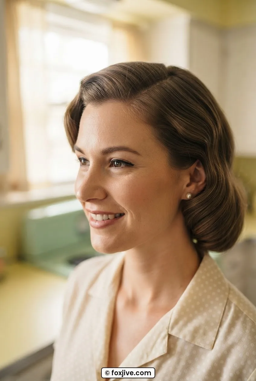 Woman with gentle S-curve soft side wave swept behind one ear and deep side part at pastel counter
