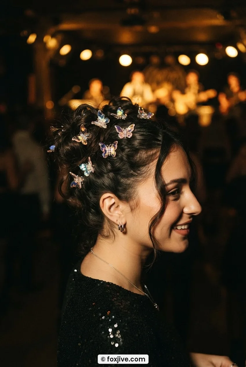 Woman with Y2K double space buns and iridescent butterfly clips, amber stage light at retro dance hall