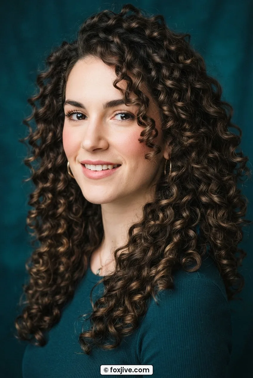 Woman with tight vertical spiral perm curls falling past her shoulders against a deep teal backdrop in even studio light