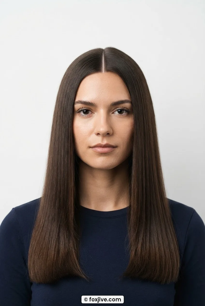 Front view of woman with long dead-straight hair parted exactly at centre falling smooth past collarbone
