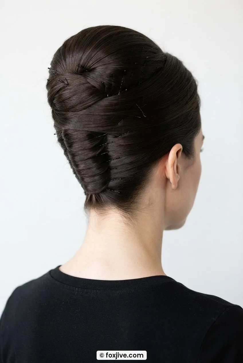 Rear and side view of woman wearing stripped-back beehive updo with smooth twist and clean nape line