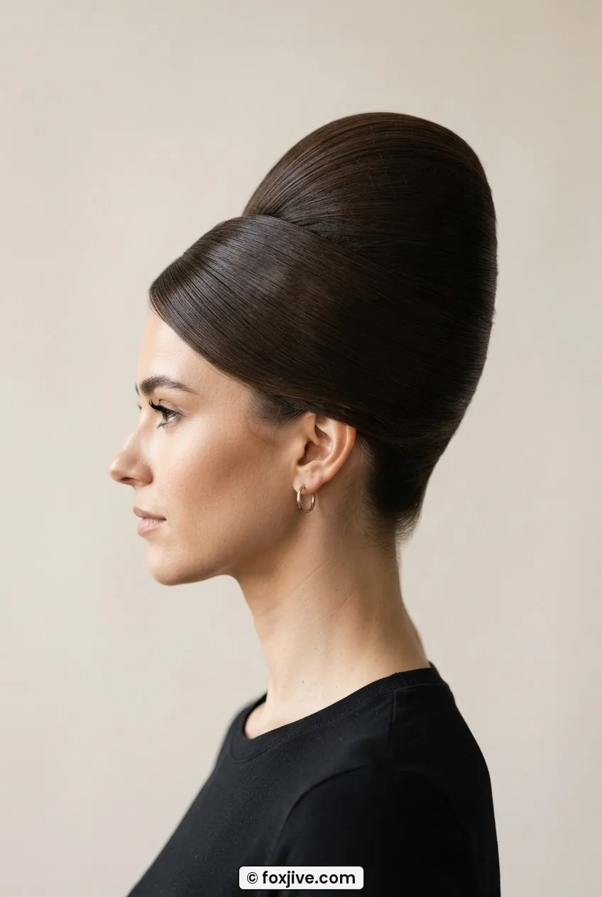 Woman in side profile wearing a tall structured beehive with polished smooth surface against pale backdrop