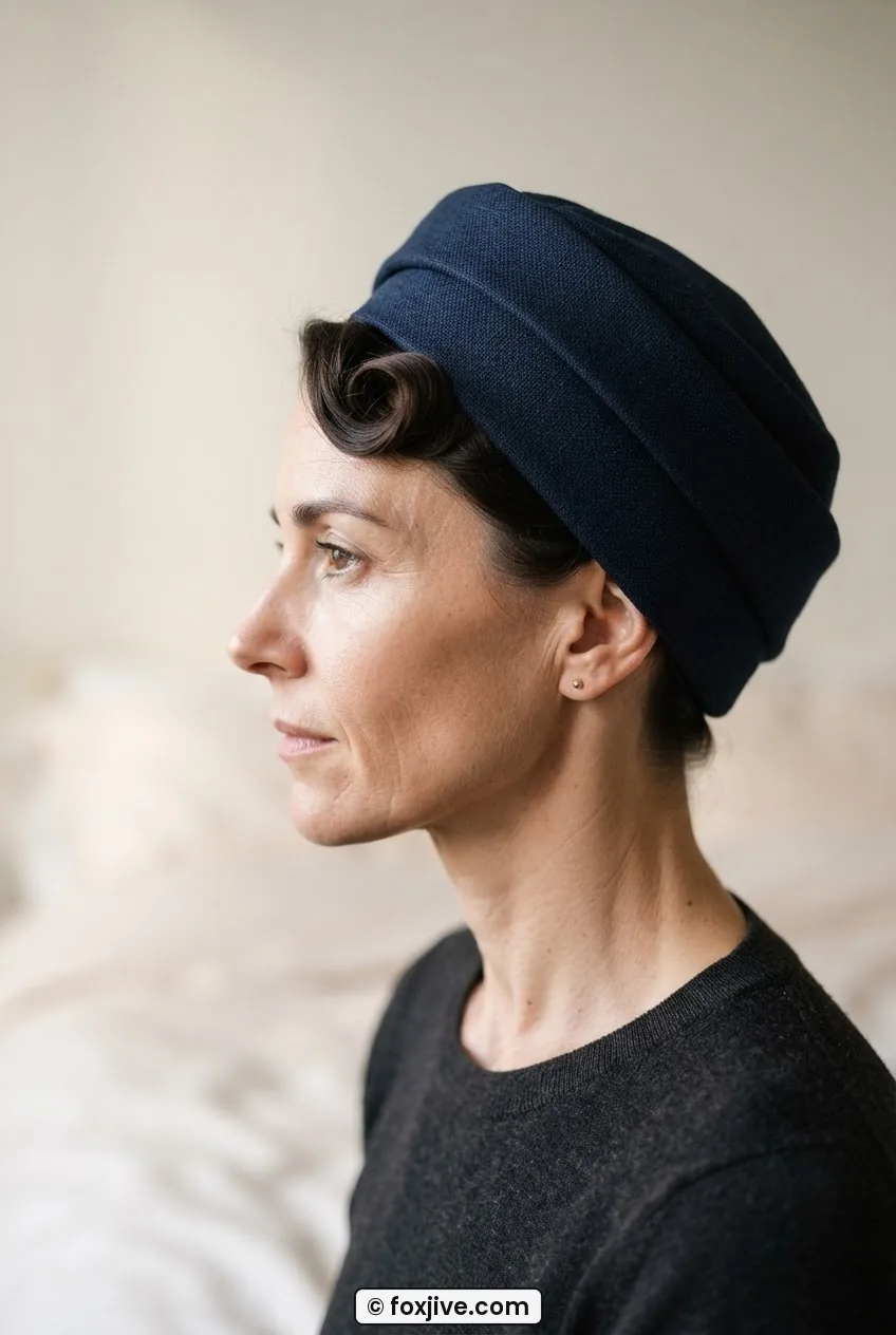 Woman wearing structured vintage turban cap with pin-curled section at front in early morning light, close side profile