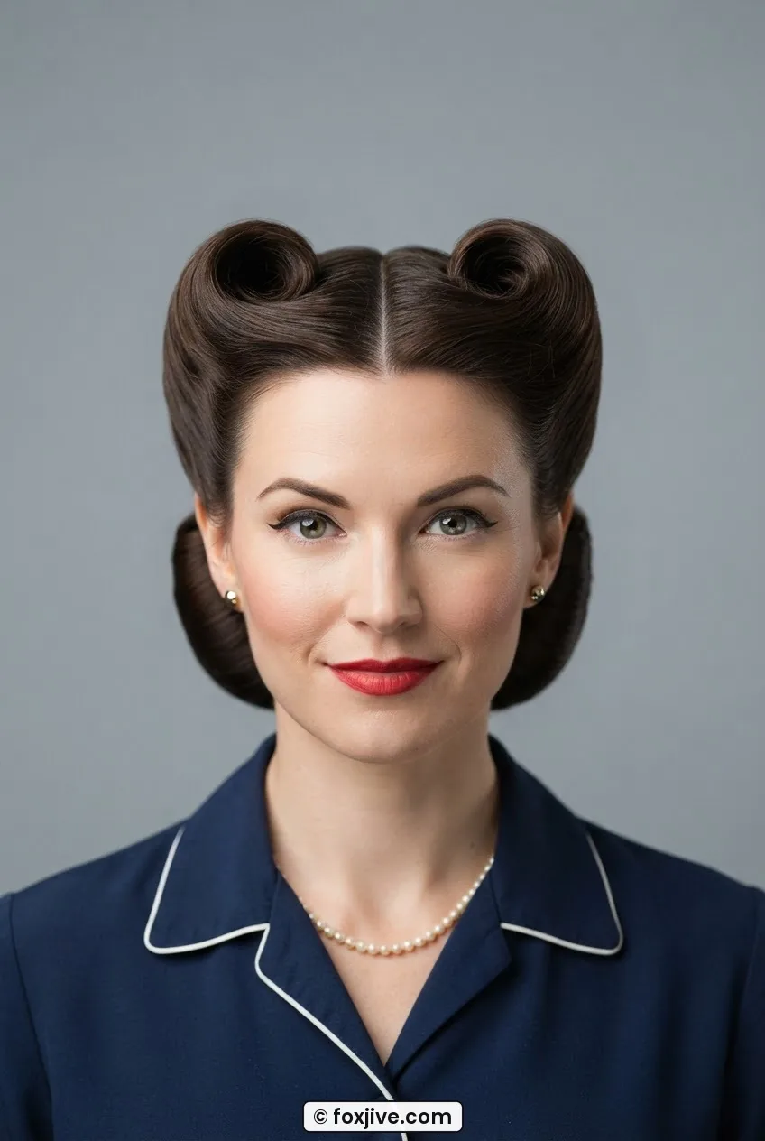 Woman with perfectly mirrored double victory rolls parting precisely at center against cool grey backdrop