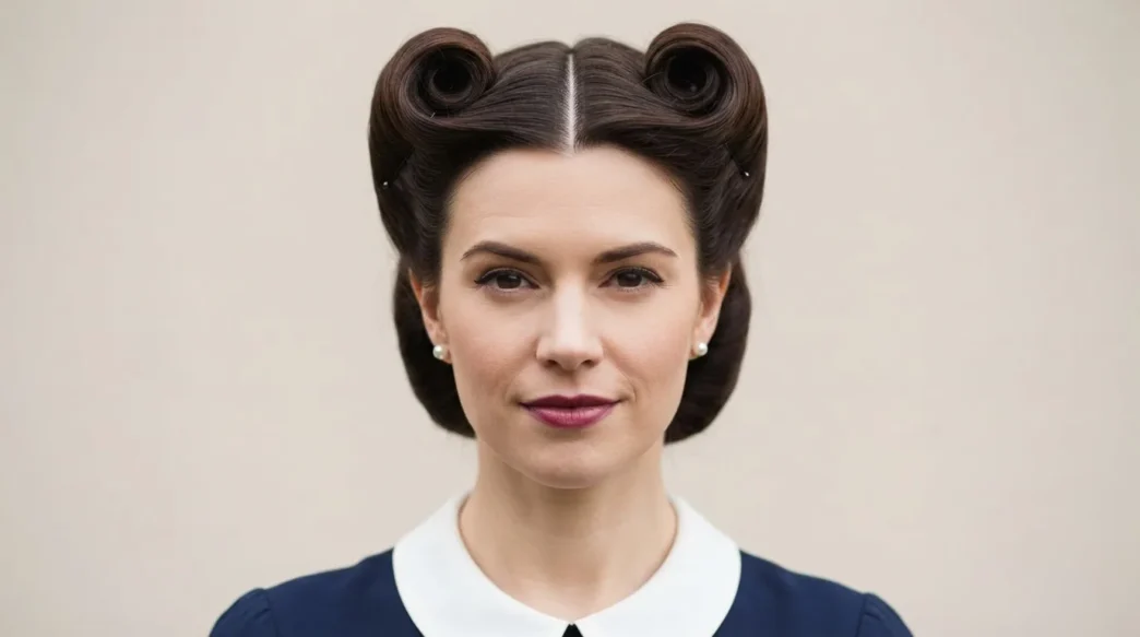 Woman wearing symmetrical victory rolls against a neutral backdrop, rolls and parting clearly visible in soft even light