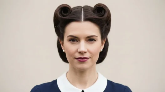 Woman wearing symmetrical victory rolls against a neutral backdrop, rolls and parting clearly visible in soft even light