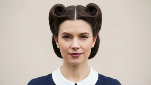 Woman wearing symmetrical victory rolls against a neutral backdrop, rolls and parting clearly visible in soft even light