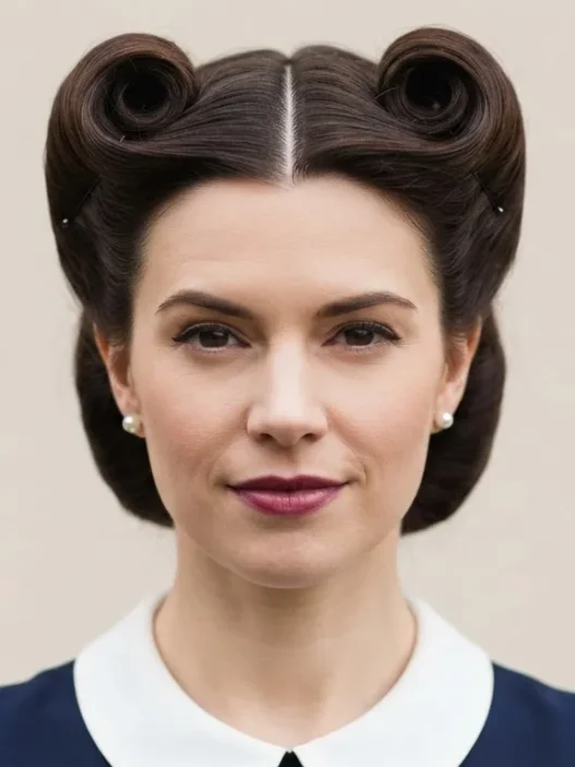 Woman wearing symmetrical victory rolls against a neutral backdrop, rolls and parting clearly visible in soft even light