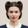 Woman wearing symmetrical victory rolls against a neutral backdrop, rolls and parting clearly visible in soft even light