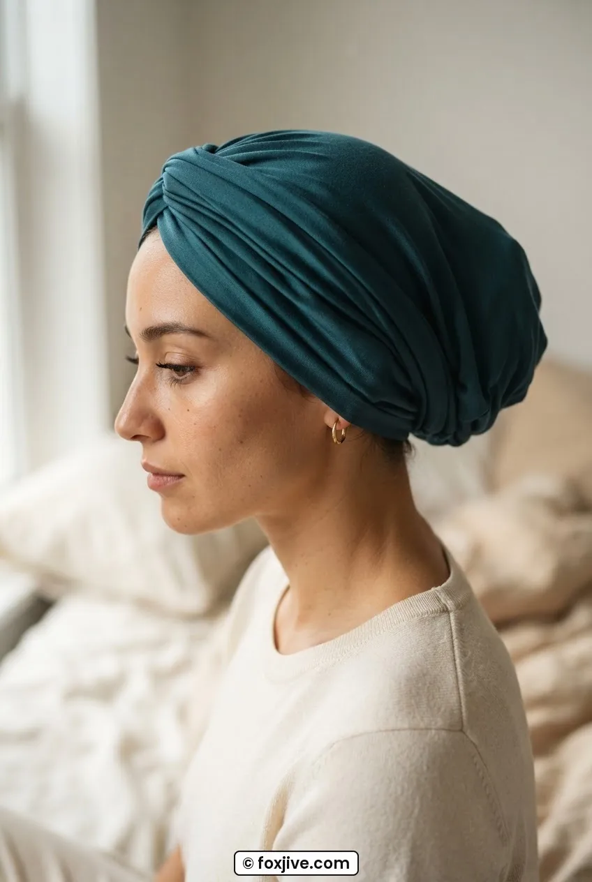 Woman in teal rayon draped turban headwrap, slightly loose at the back, natural morning window light, side profile