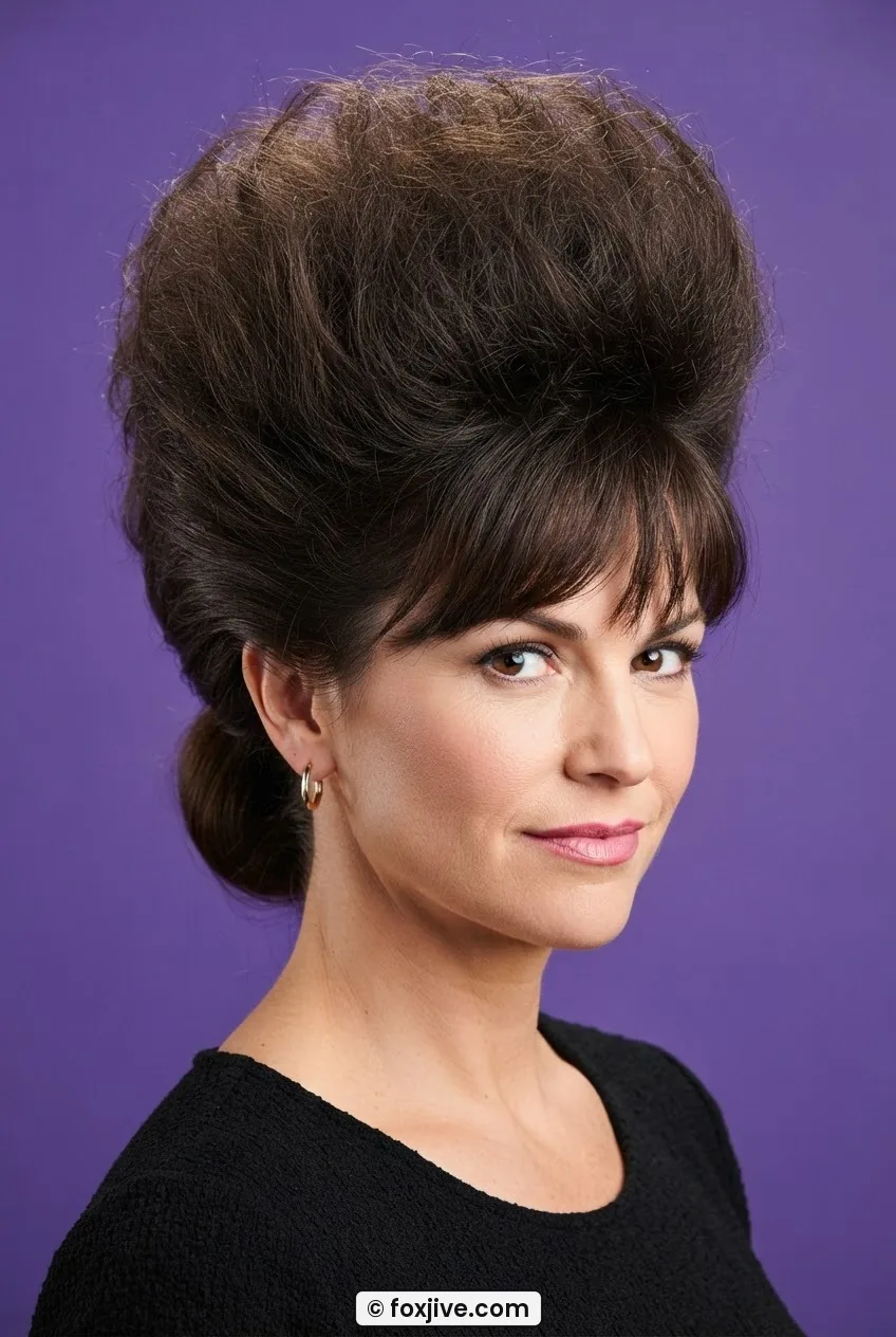 Woman with dramatically teased crown rising above hairline showing texture contrast against a bold purple studio backdrop