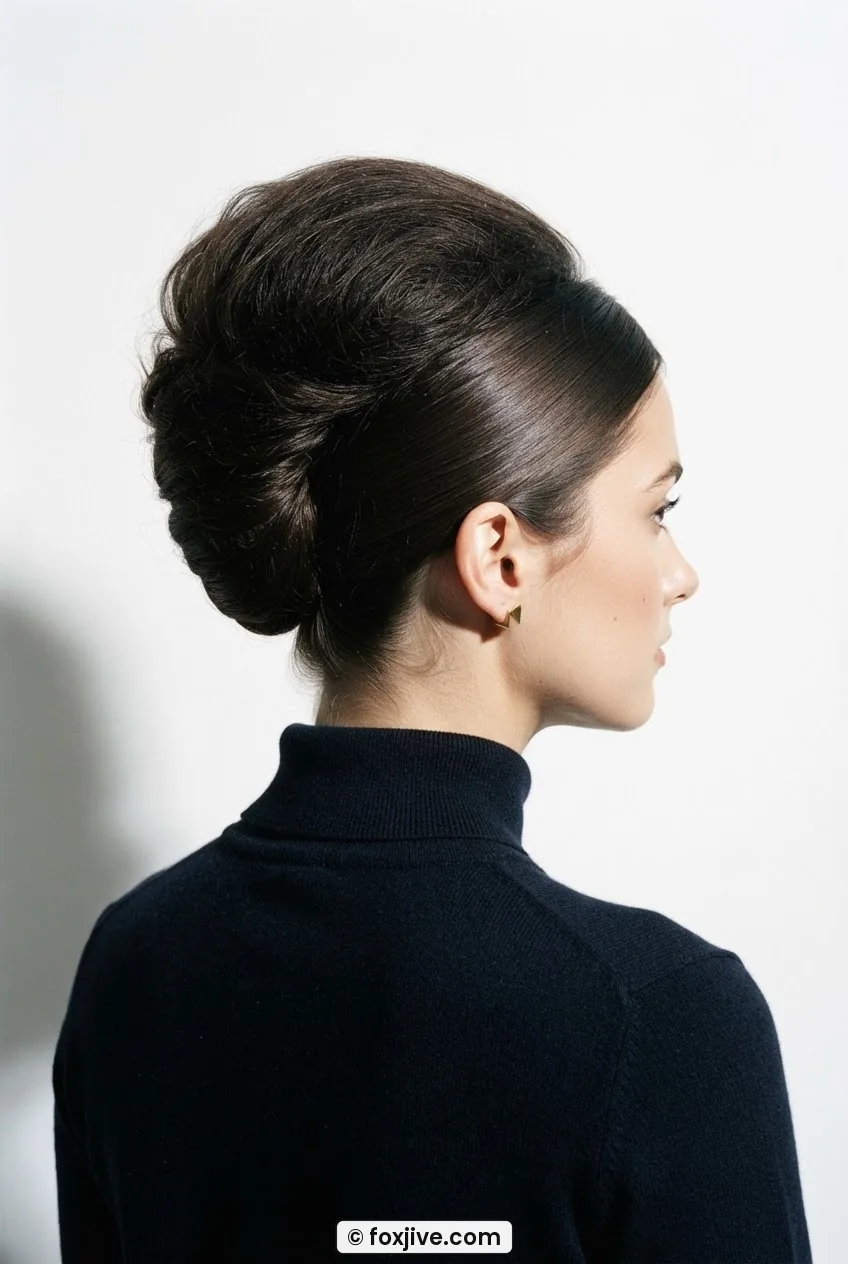 Side rear view of woman with editorial sixties teased crown updo and smooth sides under hard light