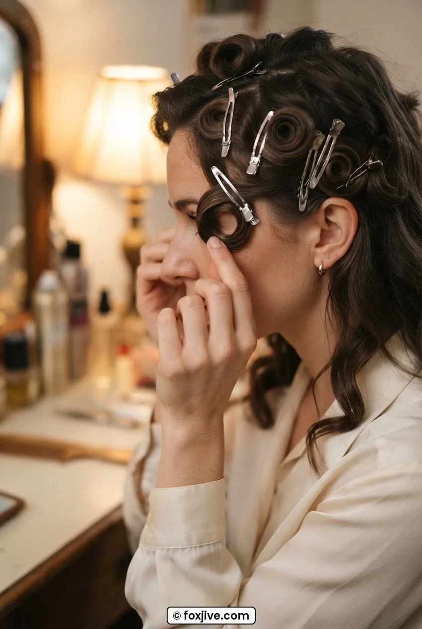 Woman winding a temple hair section away from her face during a directional pin curl set at a vanity