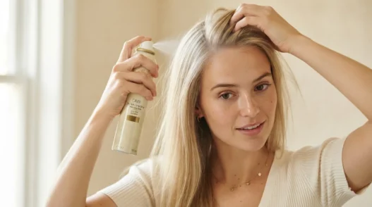 Woman with fine straight hair applying texturizing spray to crown before styling a bandana look