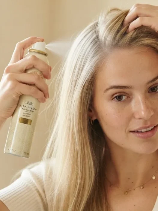 Woman with fine straight hair applying texturizing spray to crown before styling a bandana look