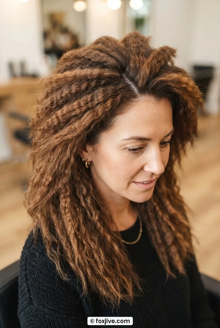 Overhead view of thick layered hair showing separated crimped top and underlayers with full voluminous crown texture