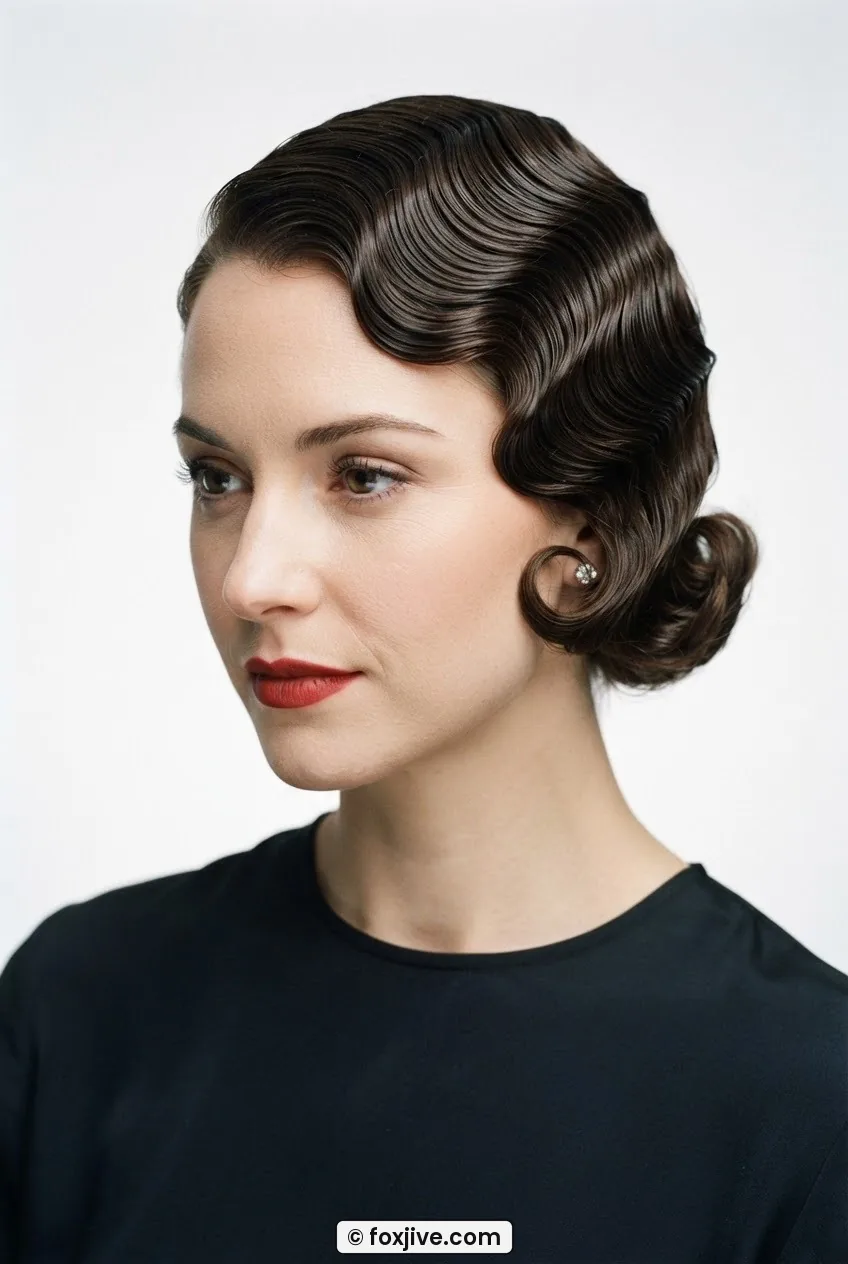 Three-quarter view of woman with five-inch 1930s finger-wave bob with deep sculpted waves ending in cheekbone curl