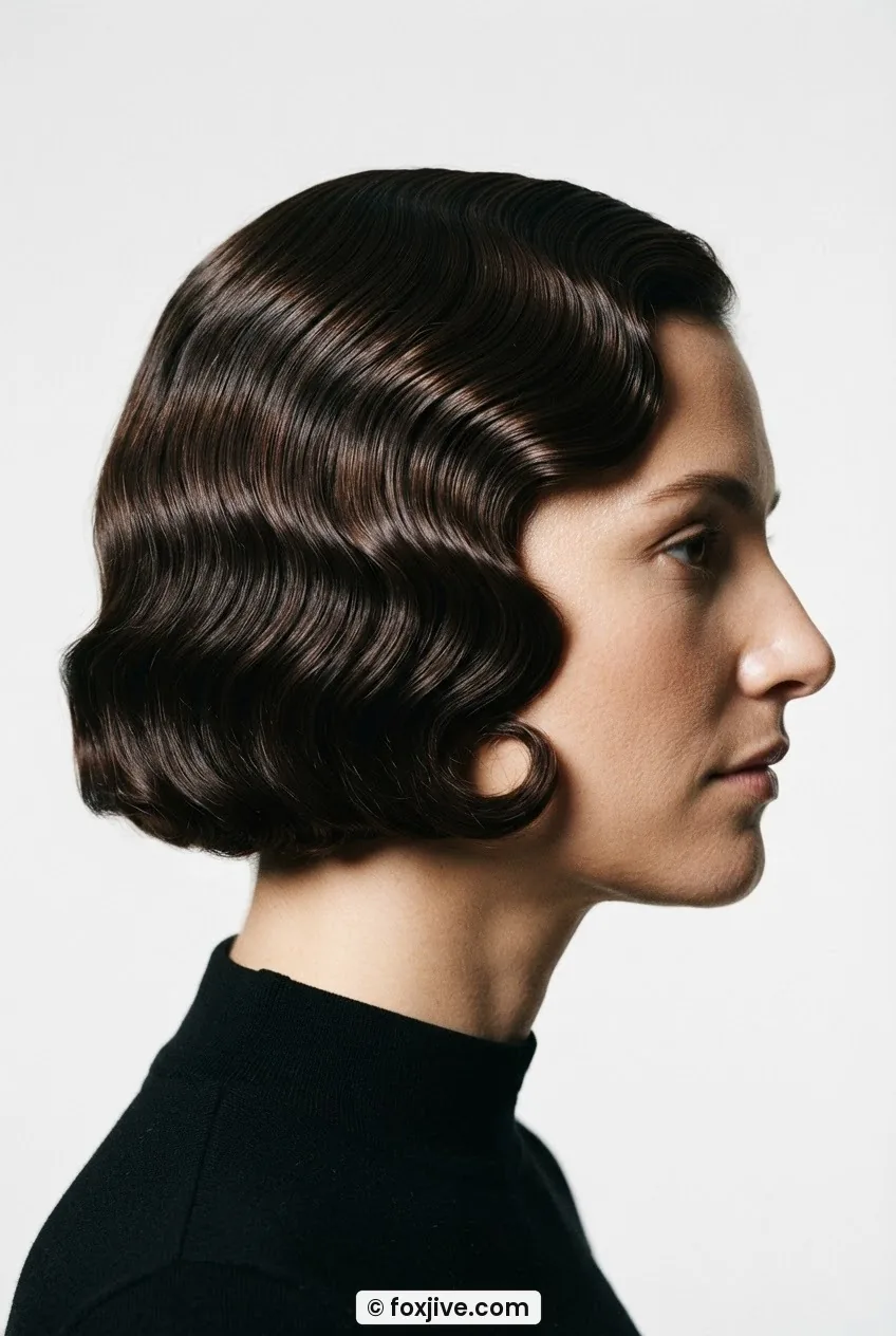 Side profile of woman with four-inch 1930s Marcel bob showing deep S-curve waves from root to jaw under dramatic light