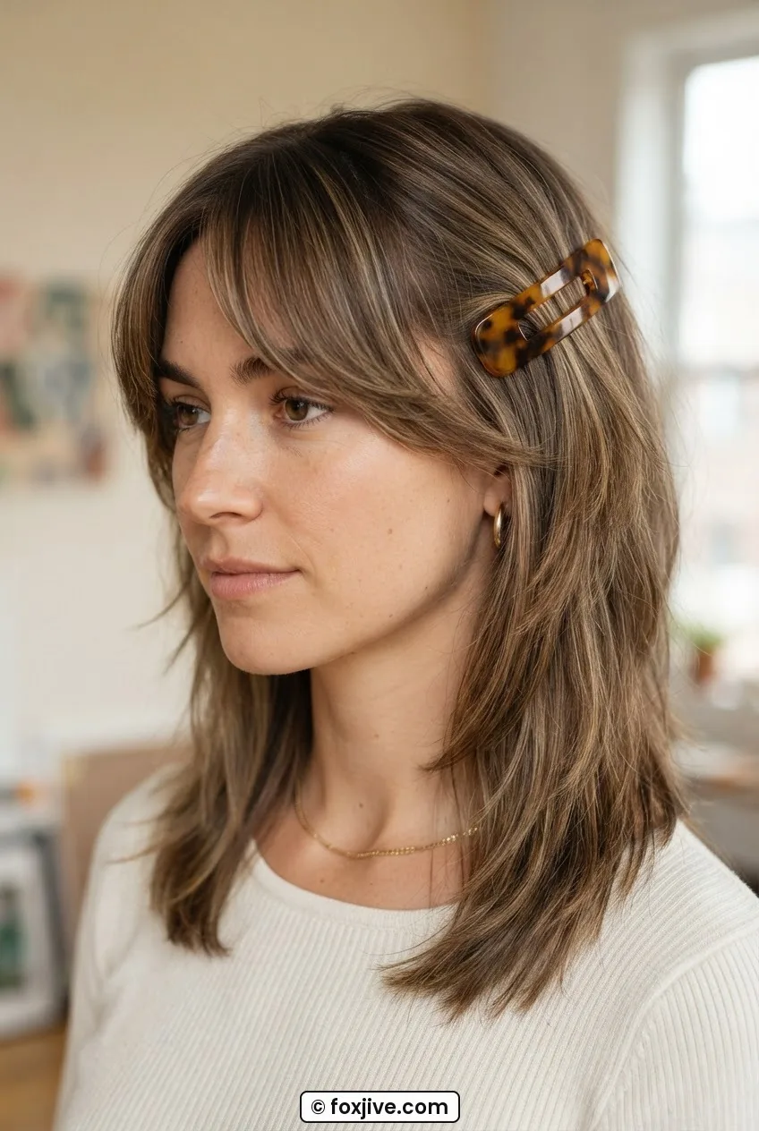 Woman with nineties layered cut wearing wide amber tortoiseshell slide above right ear with opposite curtain bang as focal point