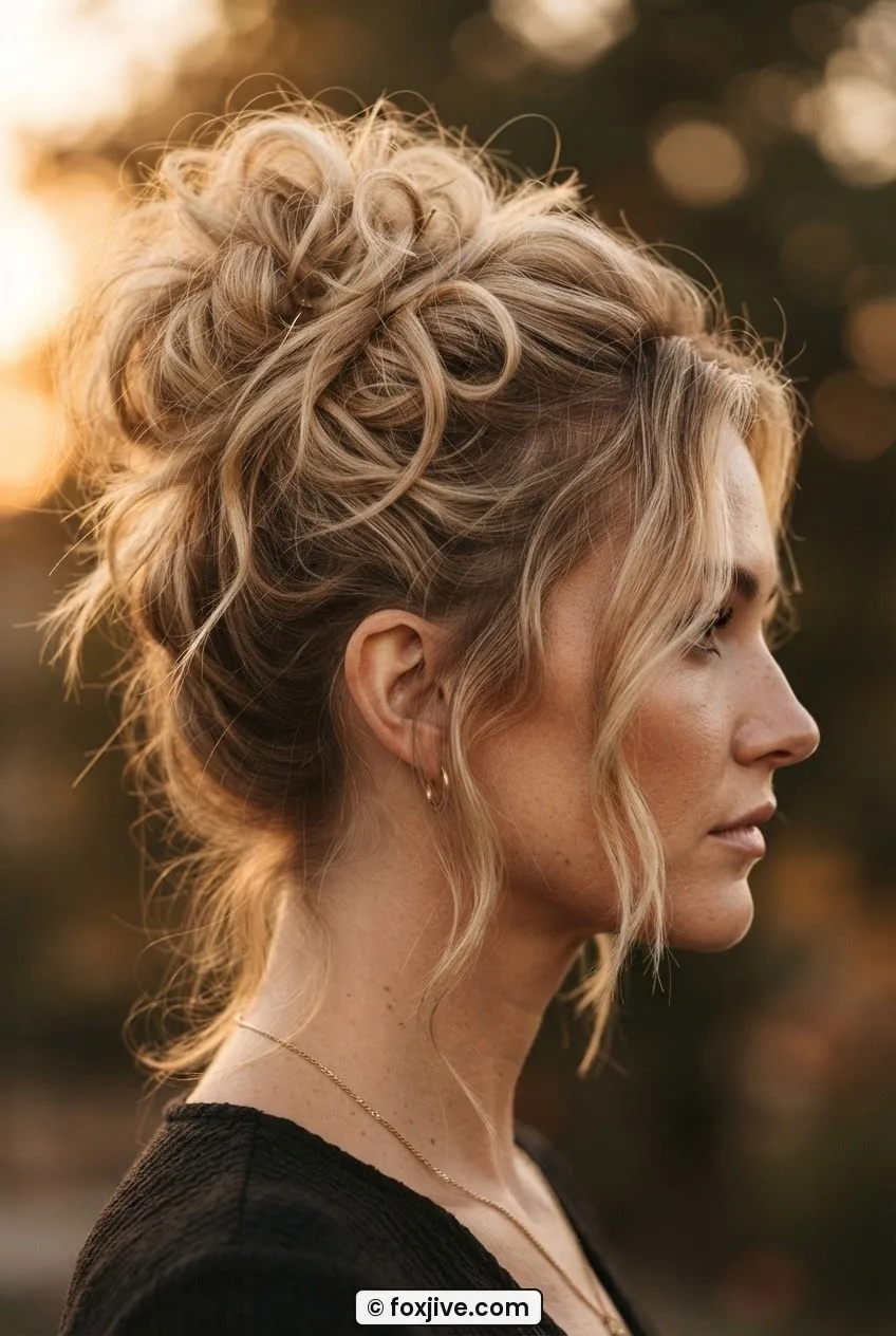 Side profile of woman with dramatically tousled blonde crown updo and loose face-framing strands in warm amber light