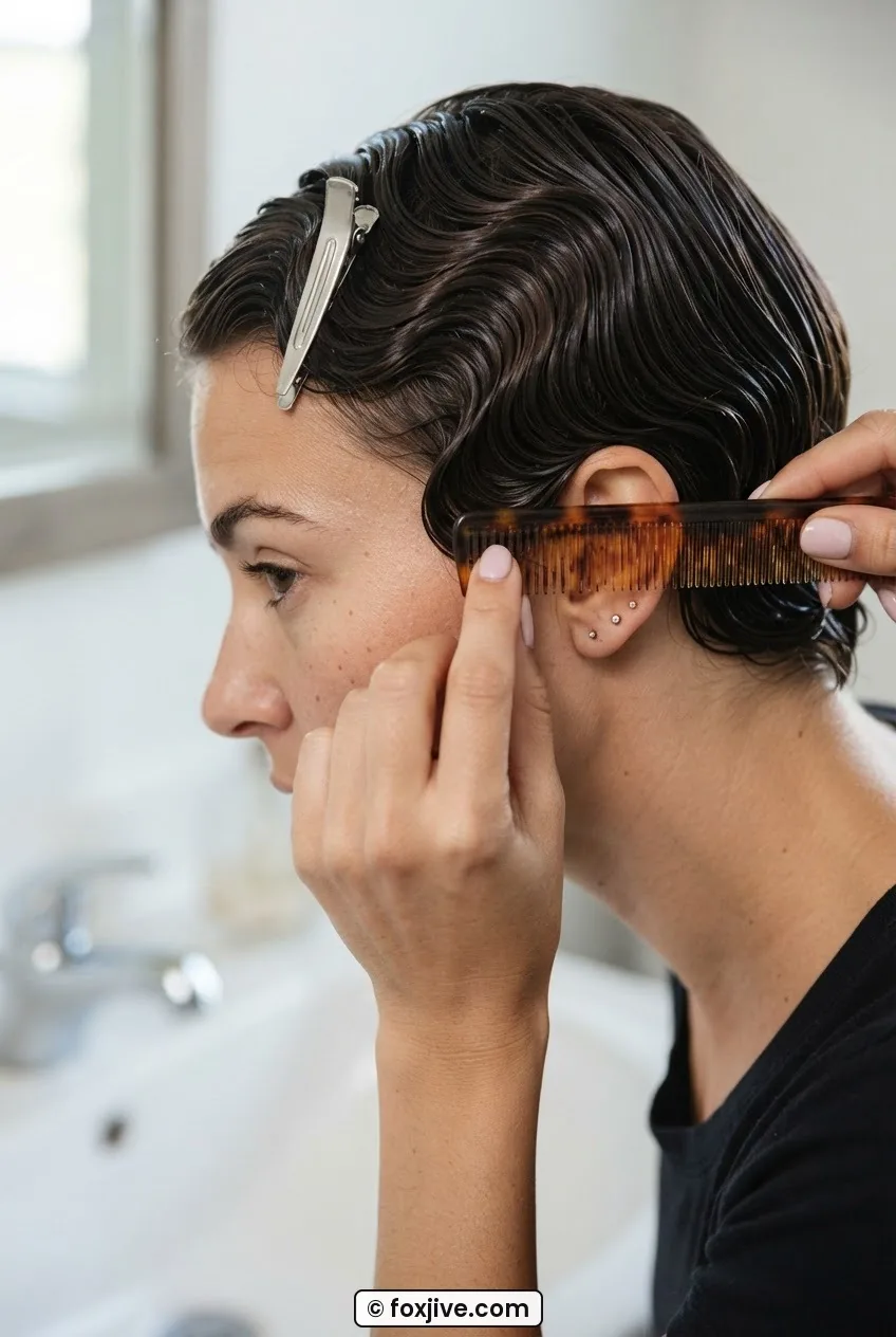 Woman's fingers sitting in trough between wave ridges with comb held parallel to scalp pressing the valley smooth