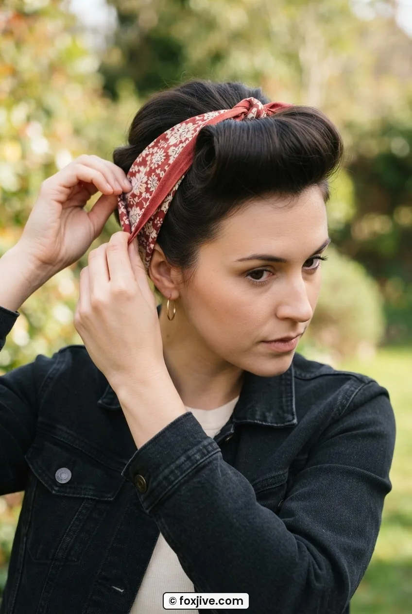 Woman tucking the back edge of a folded bandana beneath her front roll at the crown with ends held taut