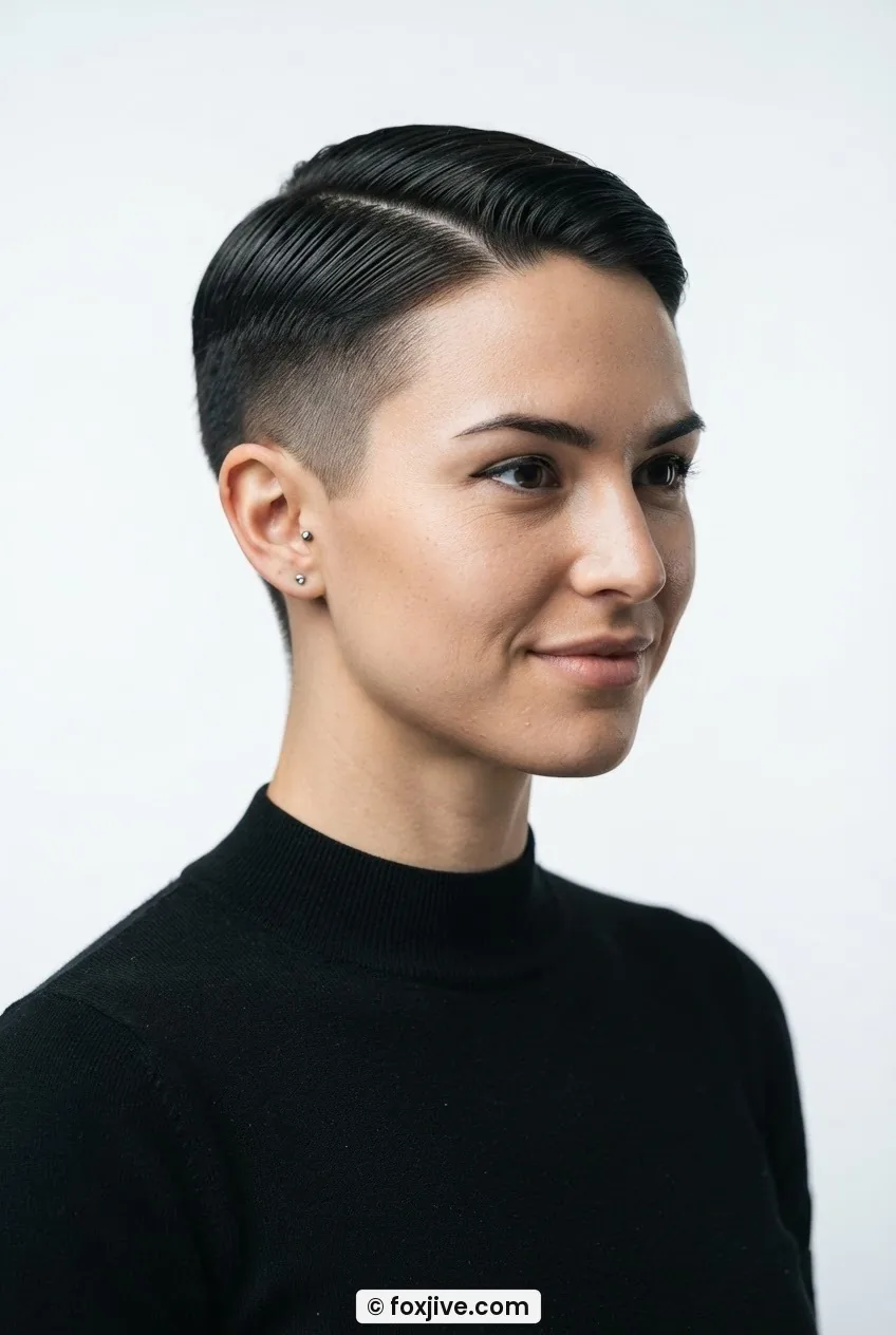 Woman with 1920s Eton crop smoothed flat with pomade, sides clipped close, three-quarter view on white backdrop
