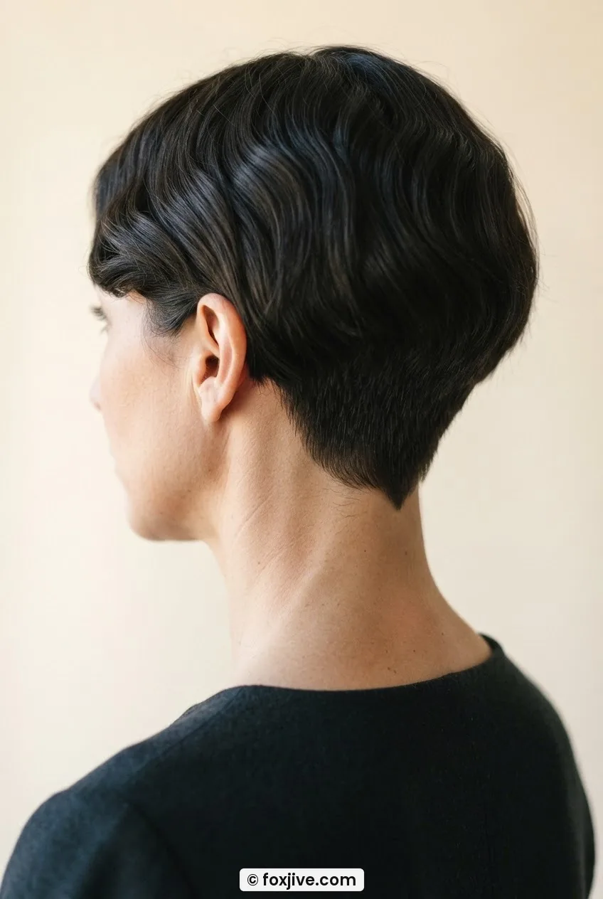 Back view of woman with 1920s shingle bob showing precise V-shaped nape taper close to the hairline