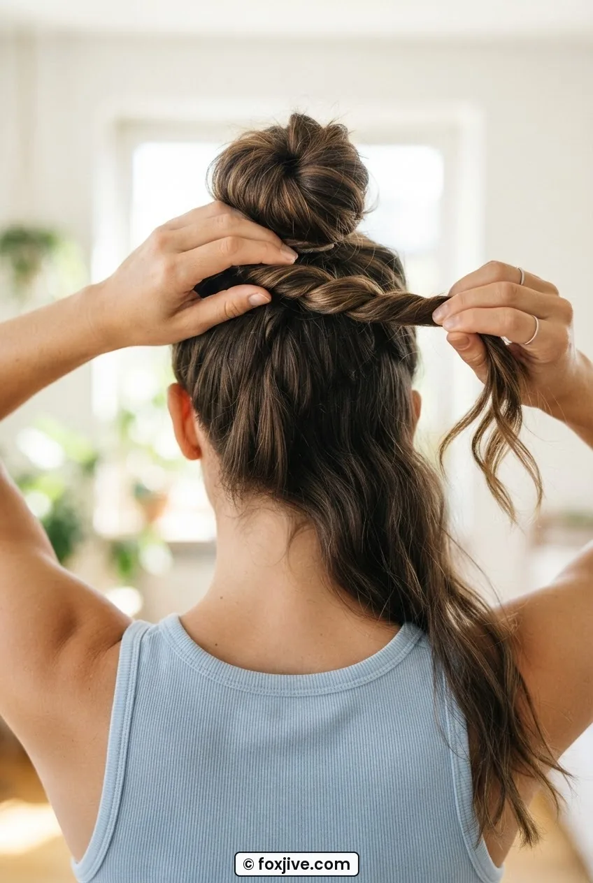 Back view of woman twisting one hair section into a bun while the other section hangs loose at the shoulder