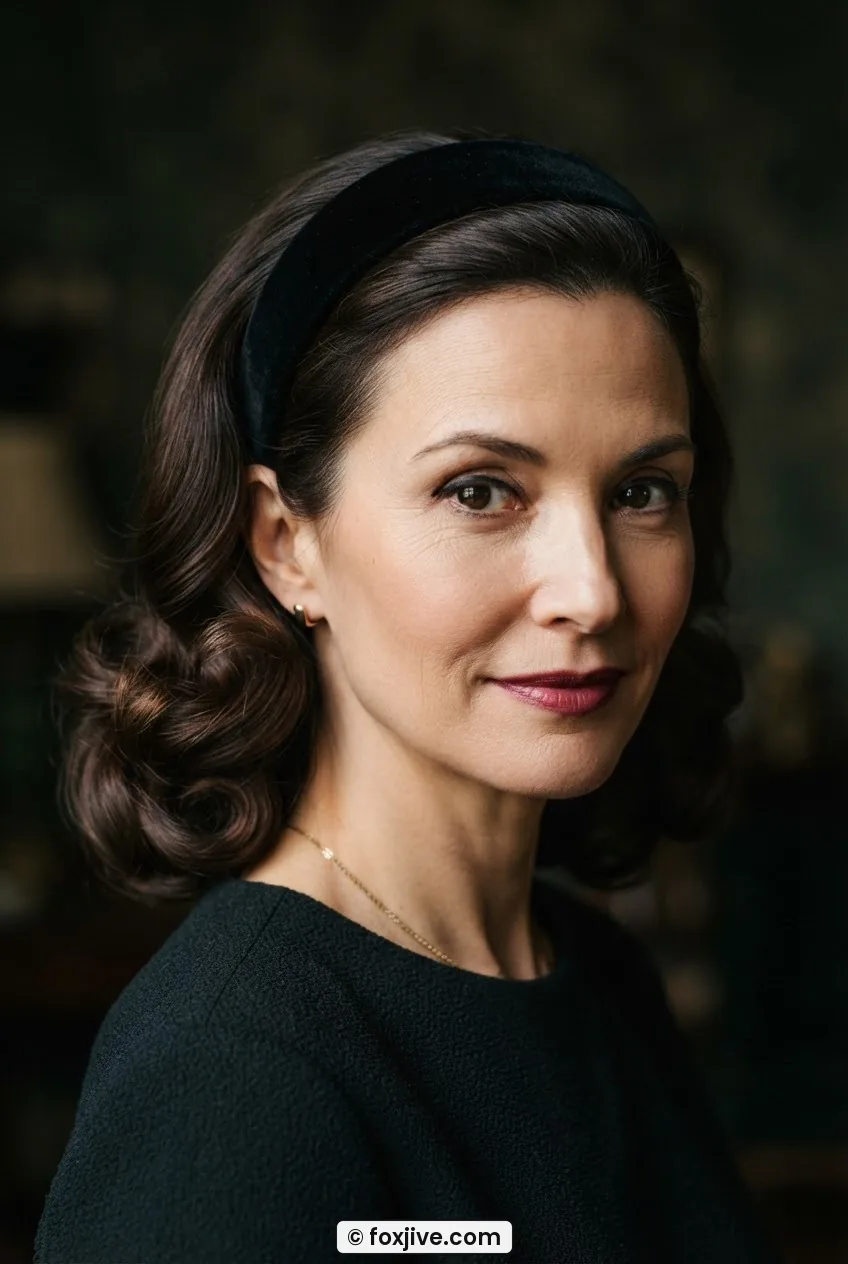 Woman with wide dark velvet headband set back from hairline and loose glamorous wave below it