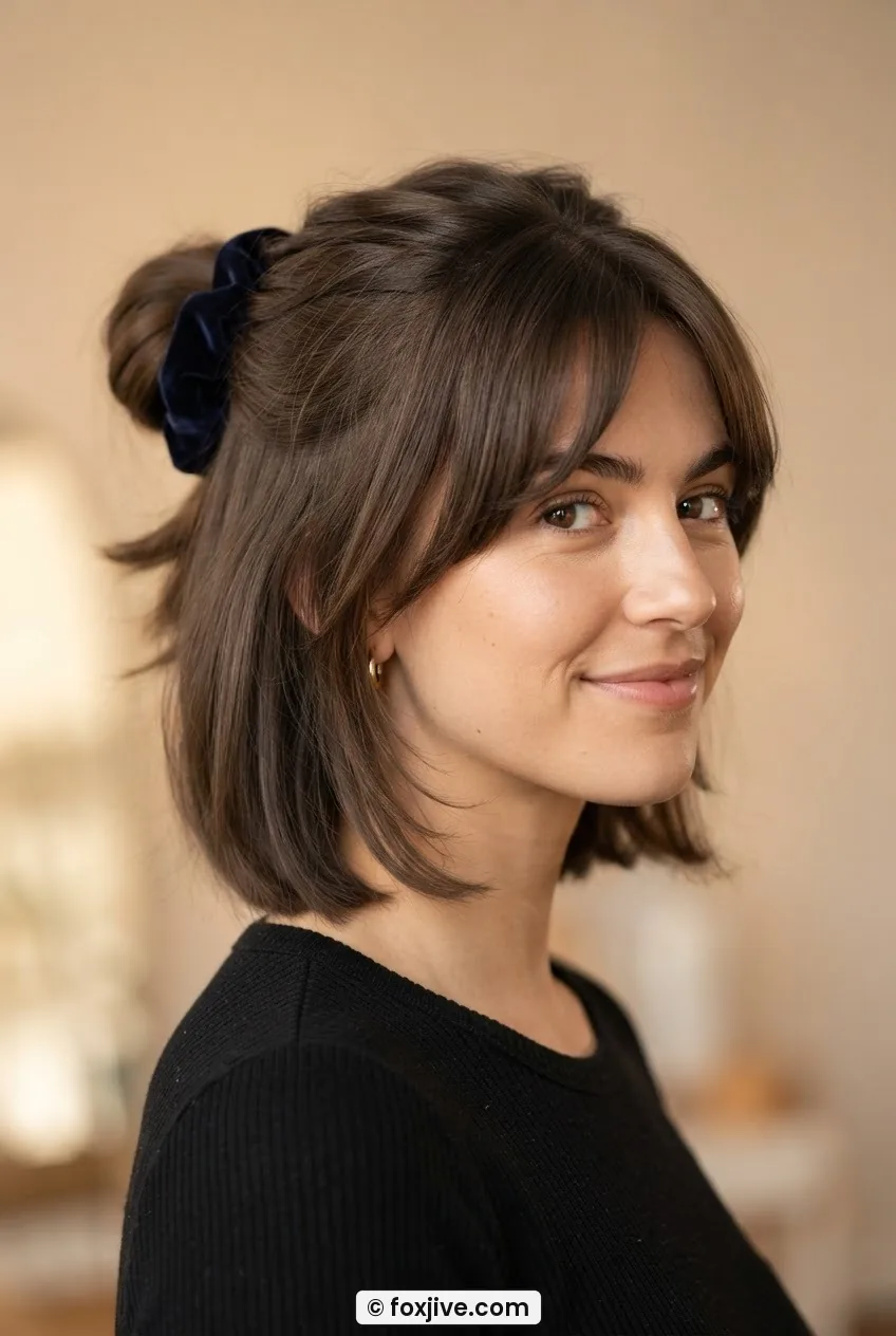Woman with nineties layered lob wearing velvet scrunchie pull-through at nape creating soft looped half-up with free curtain bangs