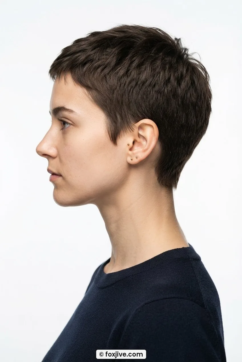 Side profile of woman with very short close-cropped sixties style cut sitting just above the ear