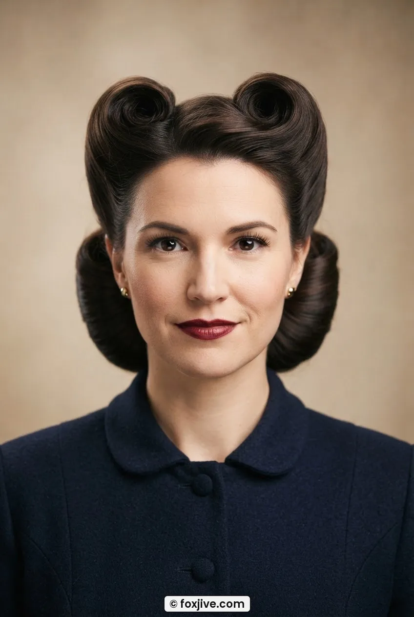 Woman with double victory rolls pinned high above temples and smooth updo visible in front framing