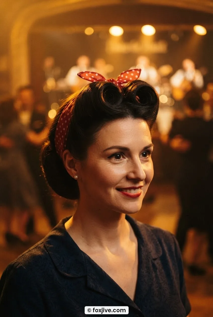 Woman wearing twin 1940s victory rolls with polka dot bandana, amber stage light, retro dance hall setting