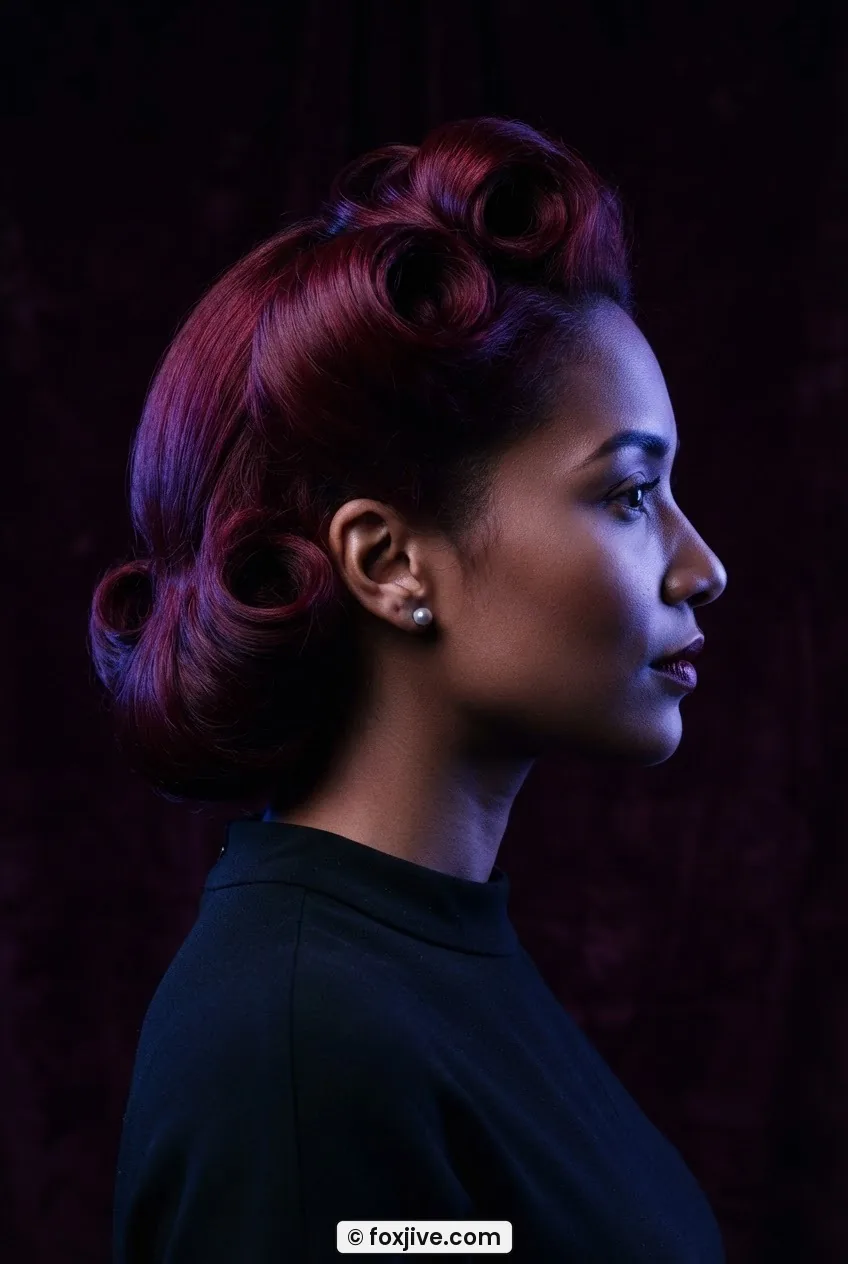 Woman with 1940s-inspired victory rolls in cinematic deep red hair lit with cool blue-purple gel against dark background