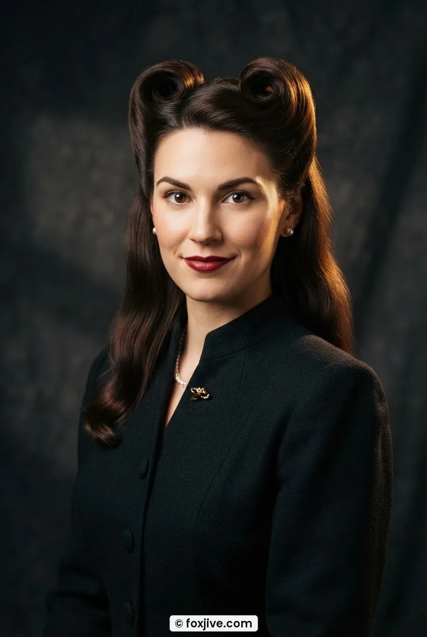 Woman with two symmetrical victory rolls at the crown and smooth hair below under warm studio lighting