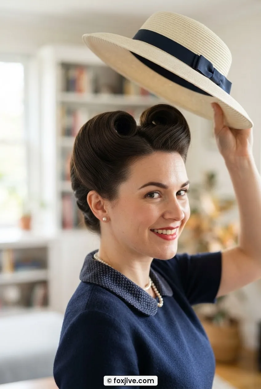 Woman lifting a wide-brim ivory hat away from structured 1940s victory rolls showing the roll shape holding independently