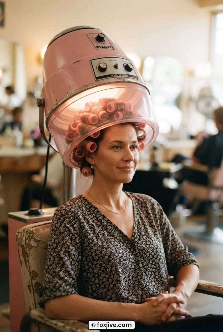 Woman with full foam roller set sitting under a vintage pink hood dryer with warm light, relaxed expression