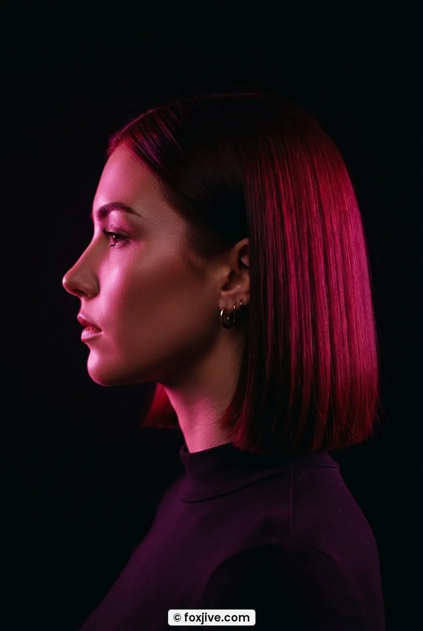 Woman with rich vintage red hair in polished jaw-length blunt cut under intense magenta gel studio light