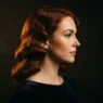 Woman with deep copper-auburn vintage red hair in set waves lit by warm amber gel light against black background