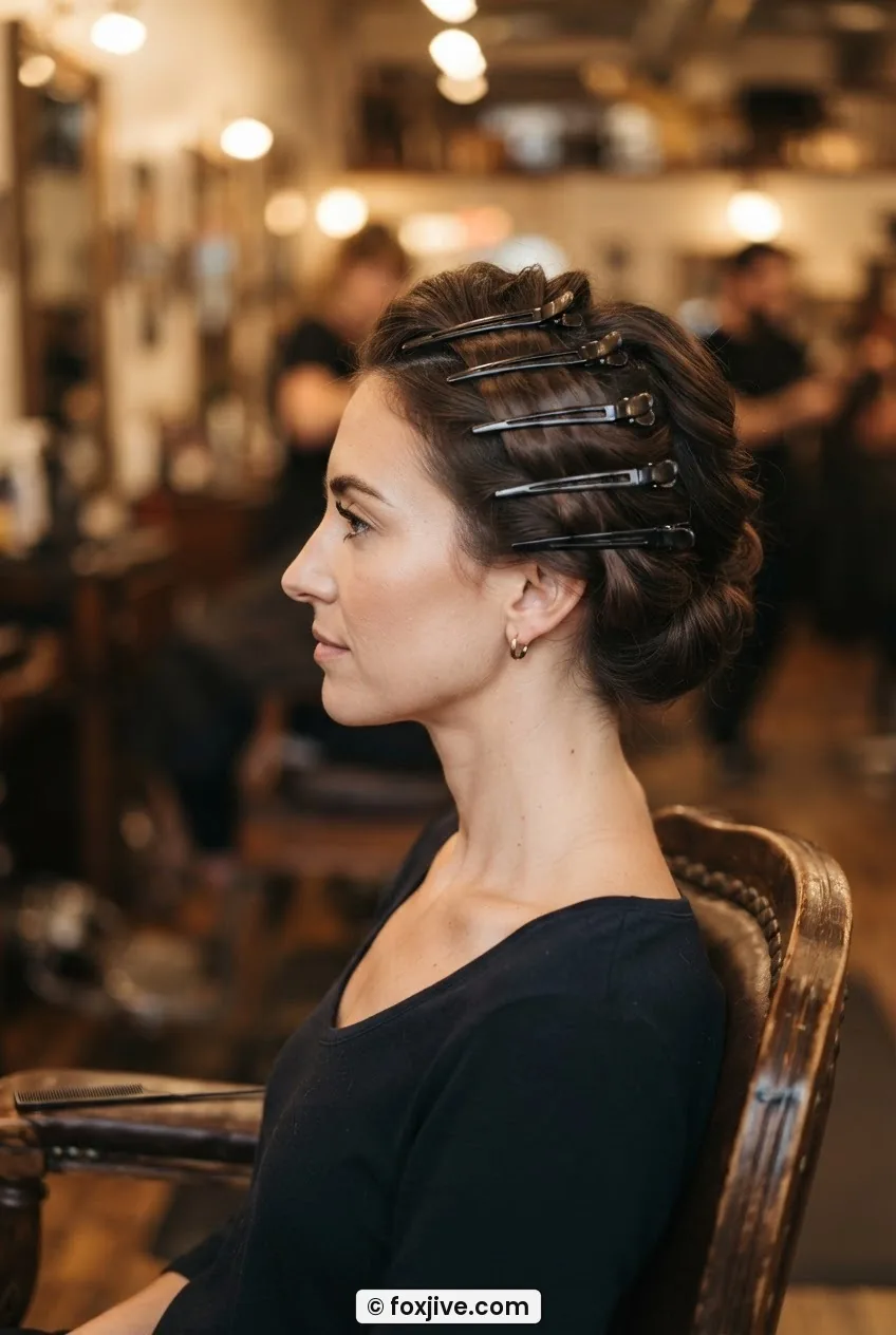Side profile of woman with hair divided into horizontal sections clipped up, fine-tooth comb visible, vintage salon setting