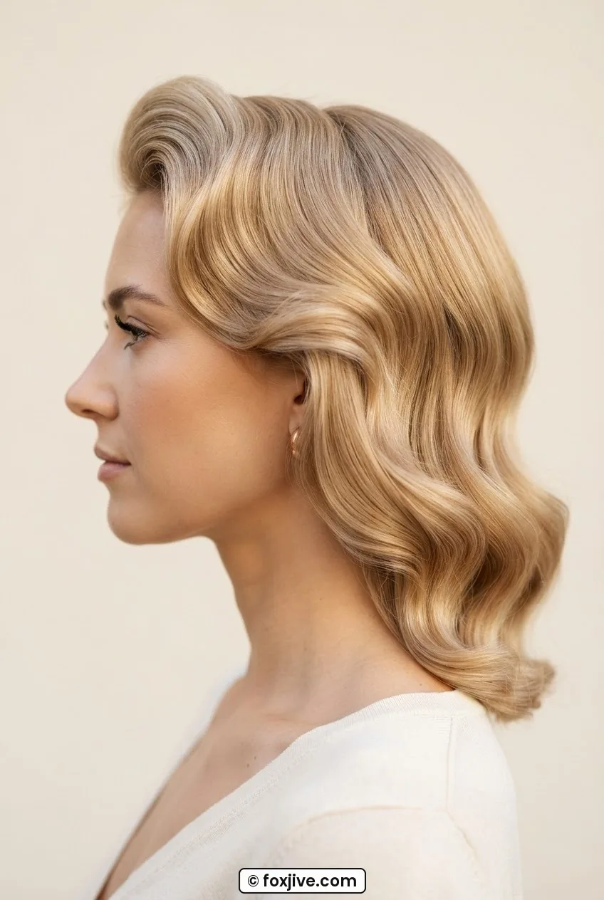 Woman with champagne blonde hair freshly brushed out from a roller set, high crown volume and soft nape silhouette visible in side profile